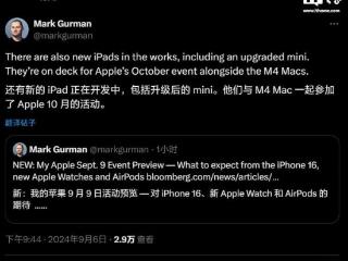 古尔曼：苹果iPad mini 7将与M4 Mac一同在苹果10月发布会亮相