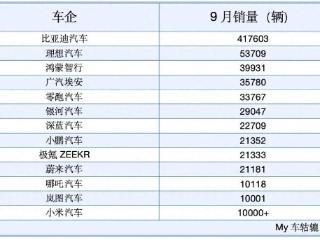 9月新能源车排名：深蓝、岚图进步明显，传统大厂吊打新势力？