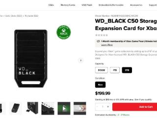 西部数据 Xbox SSD 扩展卡 C50 推出 2TB 版本，售价 199.99 美元